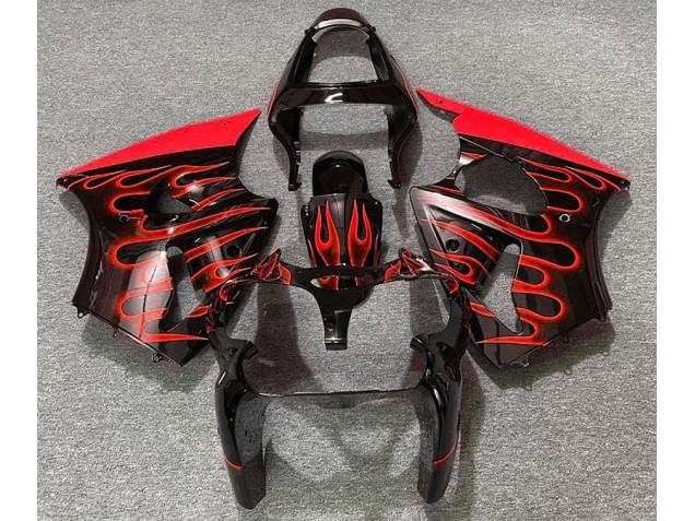 Outlet 2000-2002 Kawasaki ZX6R Motorcycle Fairings - Gloss Black & Red Flame