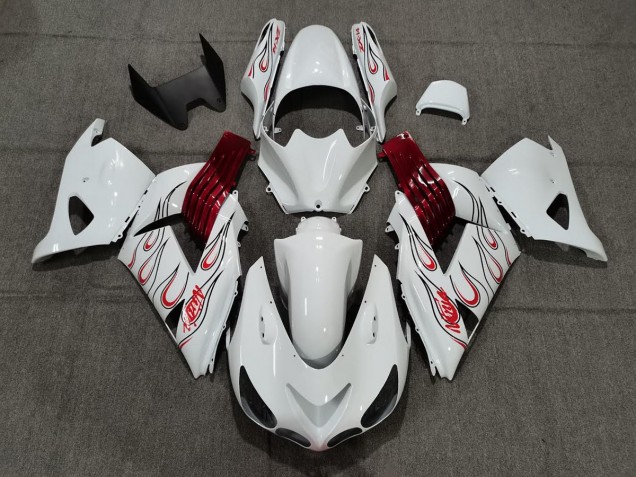 Outlet 2006-2011 Kawasaki ZX14R Motorcycle Fairings - White Red Flame